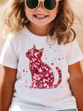 Cute girls' T-shirts, including a cat print T-shirt with faux sequin design, a romantic red floral print T-shirt, a round neck short-sleeved casual top, the perfect choice for summer outings.