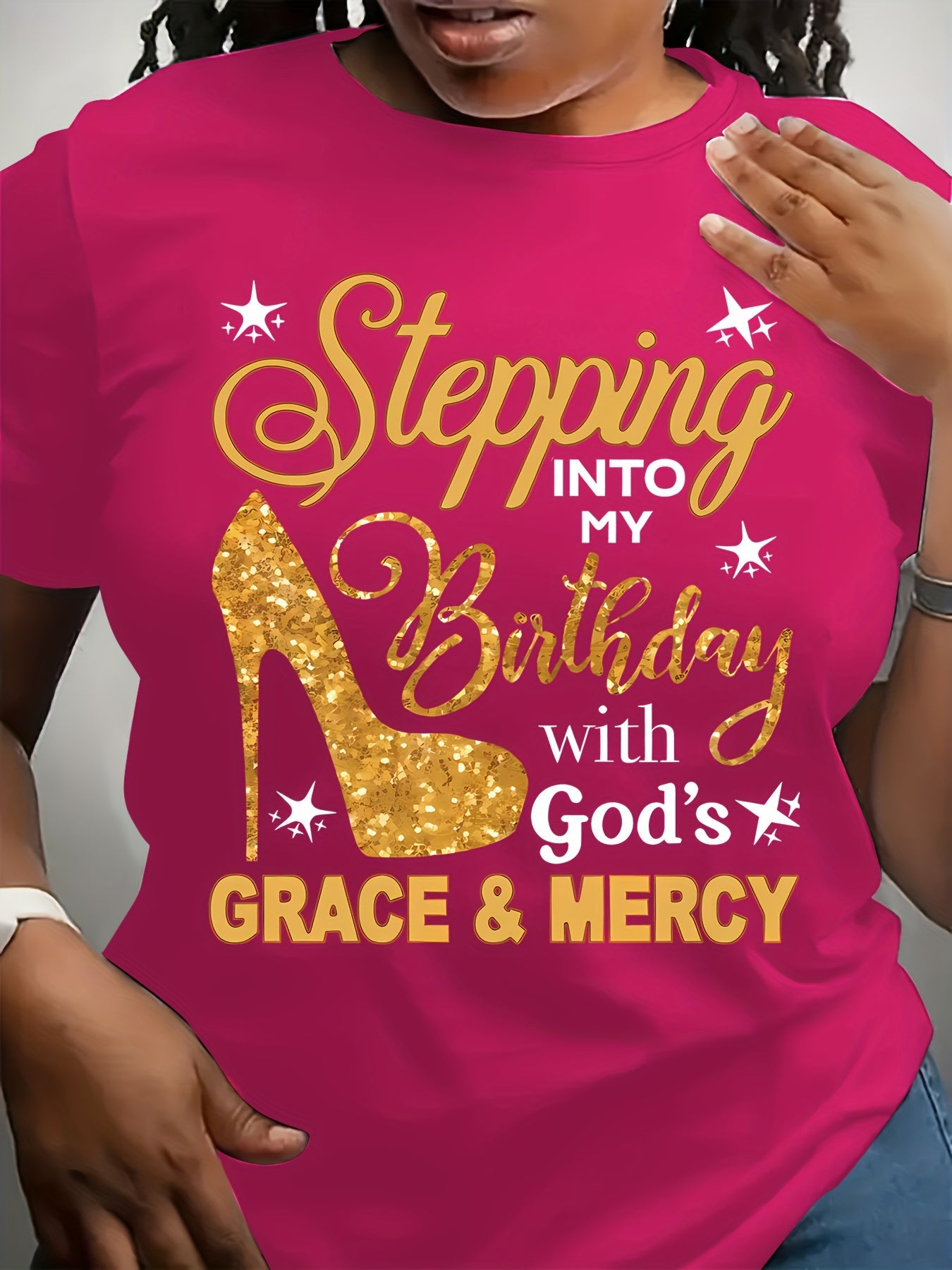 Plus Size, Plus-size Casual Fashion Printed T-shirt for Women, Trendy Lettering, High Heels, Base Layer, Daily Outing