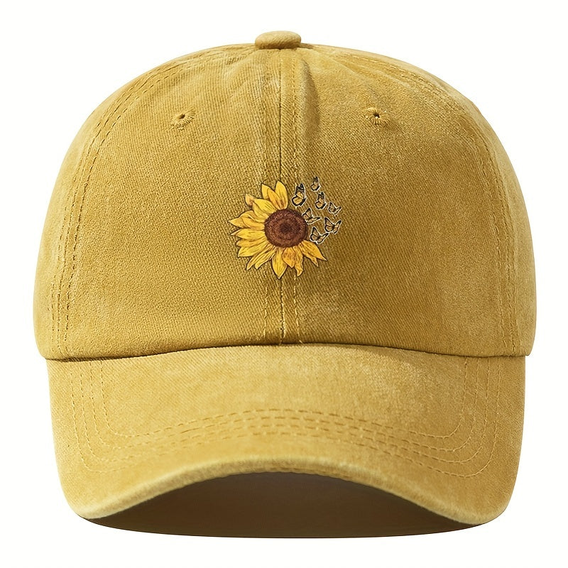 1pc Unisex Sunshade Washed Distressed Baseball Cap With Sunflower Butterfly Pattern For Outdoor Sport, Ideal choice for Gifts