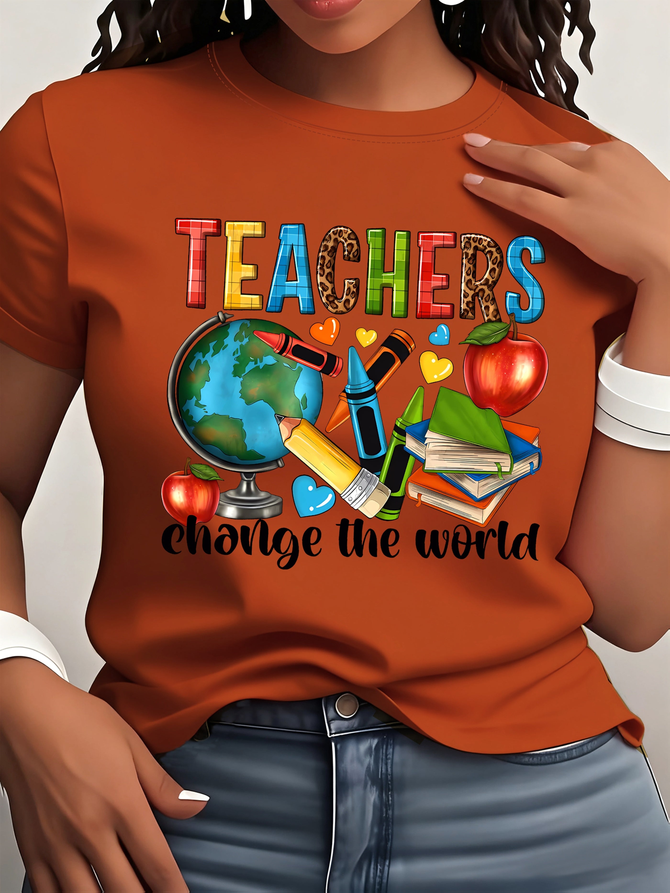 Teacher Print Crew Neck T-Shirt, Casual Short Sleeve T-Shirt for Spring & Summer, Women's Clothing
