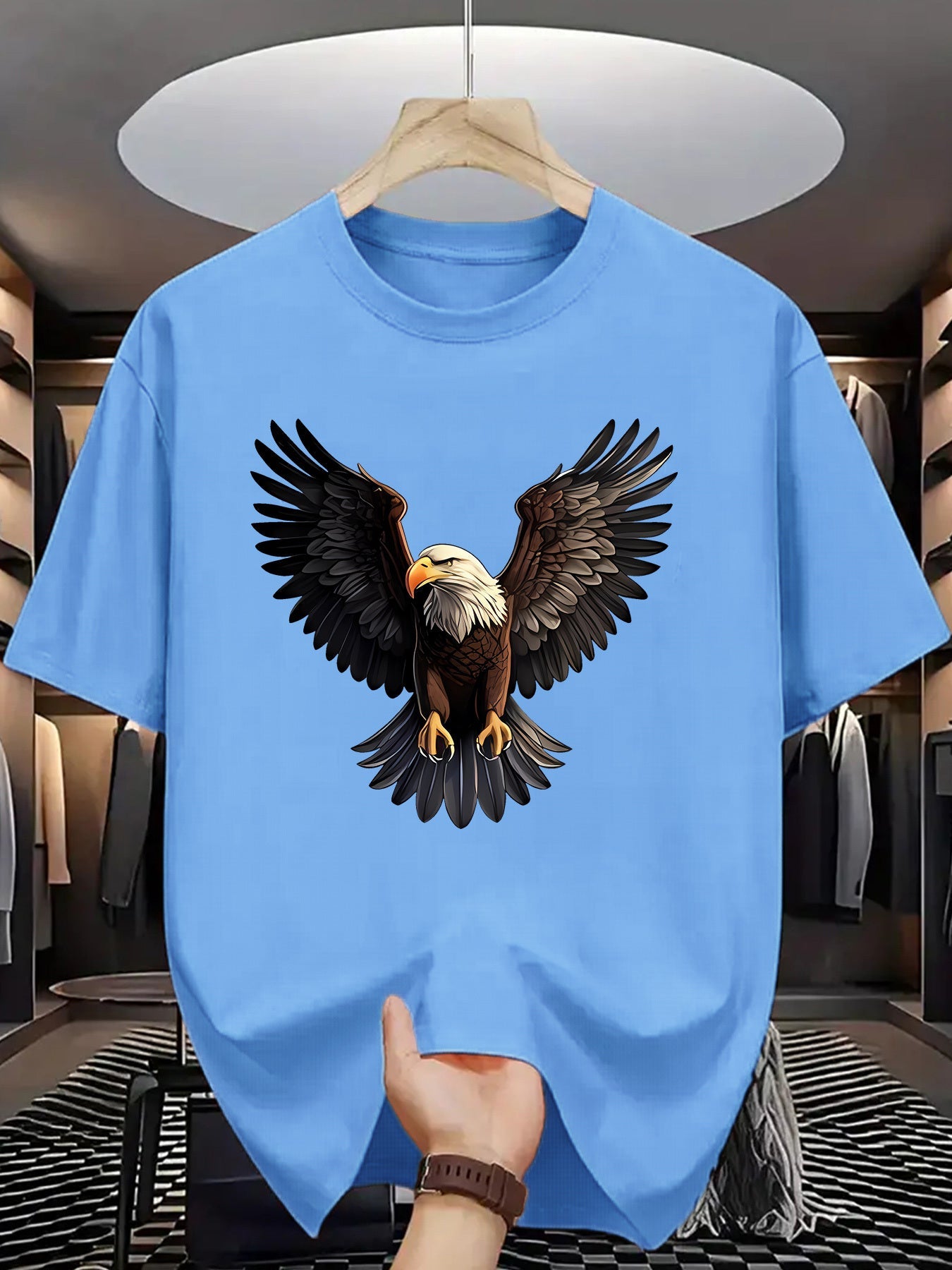 1pc Men'S Summer Fashion Eagle Print Short Sleeve T-Shirt, Casual Crew Neck Polyester Tee with Slight Stretch, Knit Fabric Letter Pattern Print for Adults