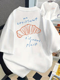 Women's Casual Long Sleeve T-Shirt with Front & Back Croissant Print - "Un Croissant Silvous Platif" Graphic, Relaxed Fit Round Neck, Machine Washable All-Season Comfort Top, Leisure Clothing, Smooth Texture