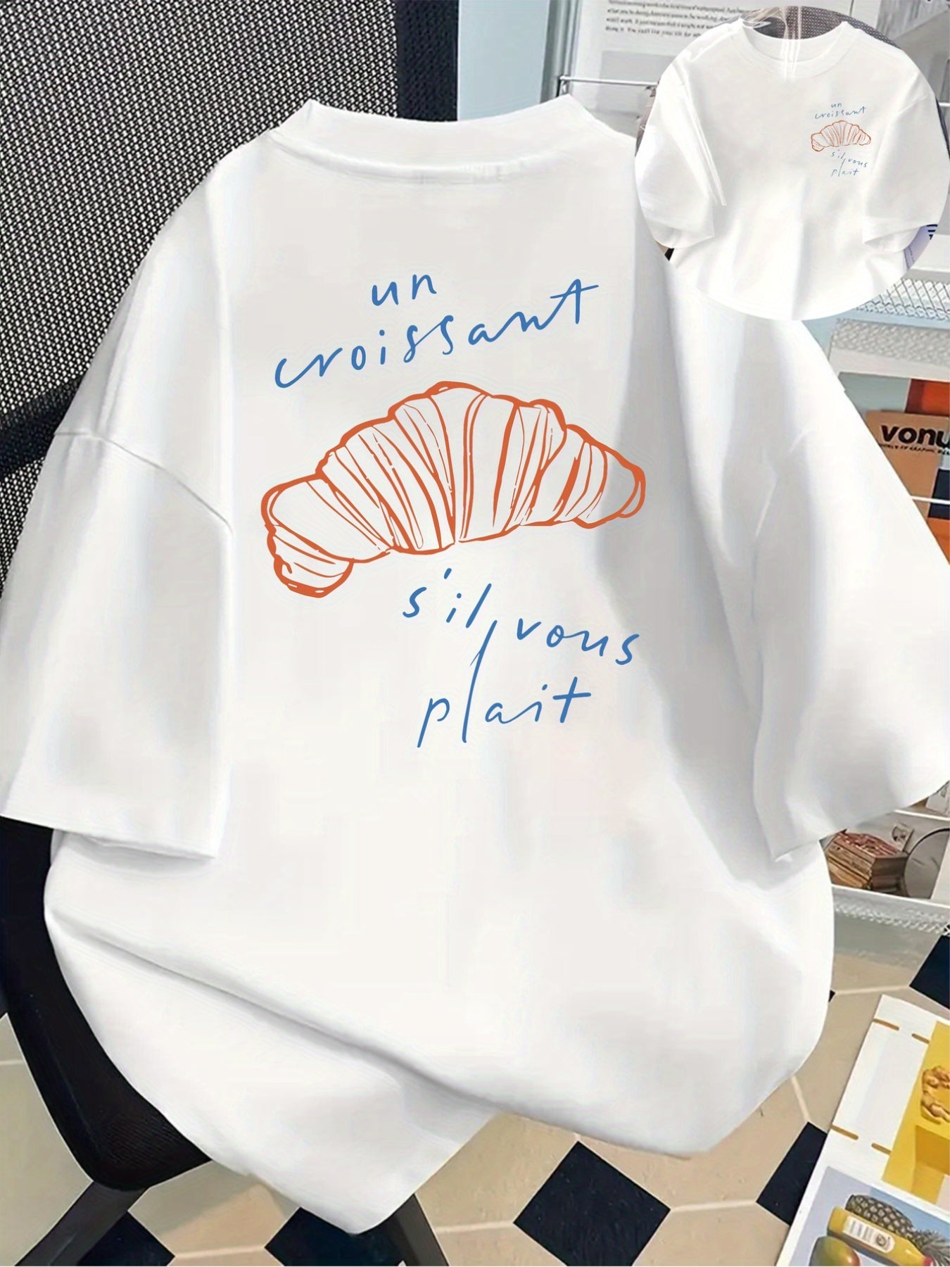 Women's Casual Long Sleeve T-Shirt with Front & Back Croissant Print - "Un Croissant Silvous Platif" Graphic, Relaxed Fit Round Neck, Machine Washable All-Season Comfort Top, Leisure Clothing, Smooth Texture