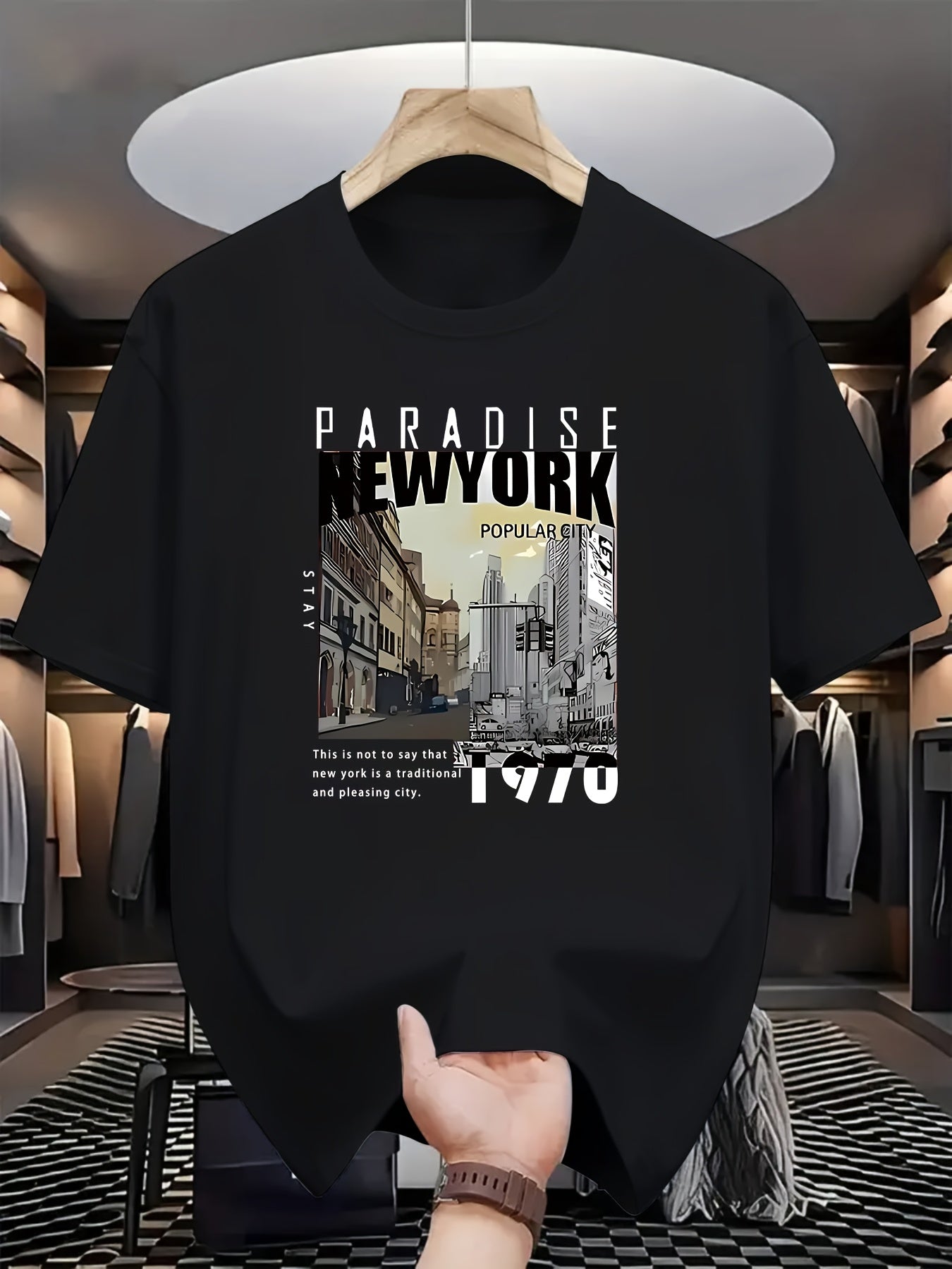 Men'S Fashion Casual PARADISE NEW YORK Print Regular Short Sleeve T-Shirt, Comfortable And Versatile
