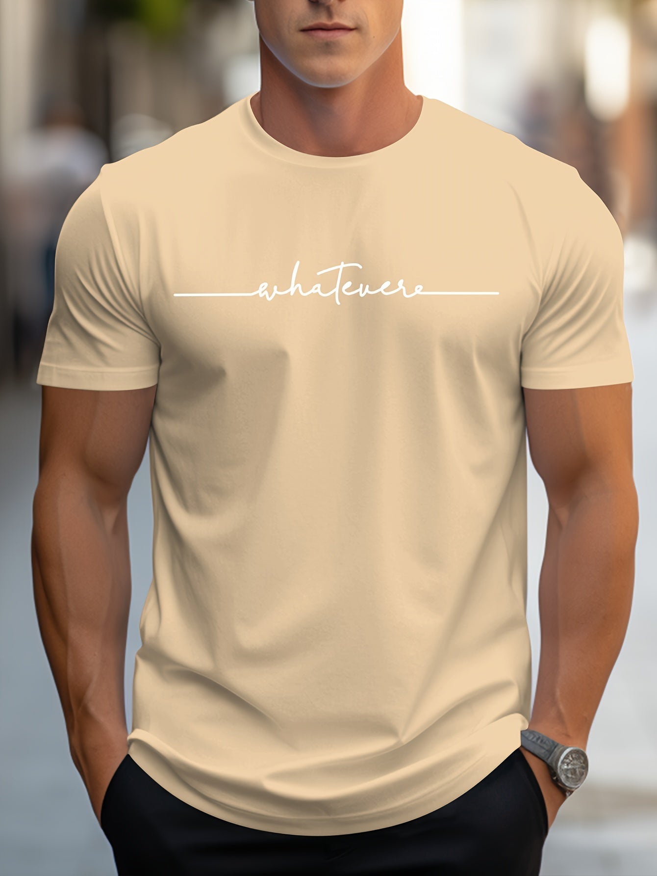 Men's English Art Print Crew Neck T-Shirt, Minimalist Lettering! Stylish Handwritten Alphabet Short Sleeve Casual Essential! Low-Key Sophisticated! Lazy Style! Handwritten Letter Print Tee