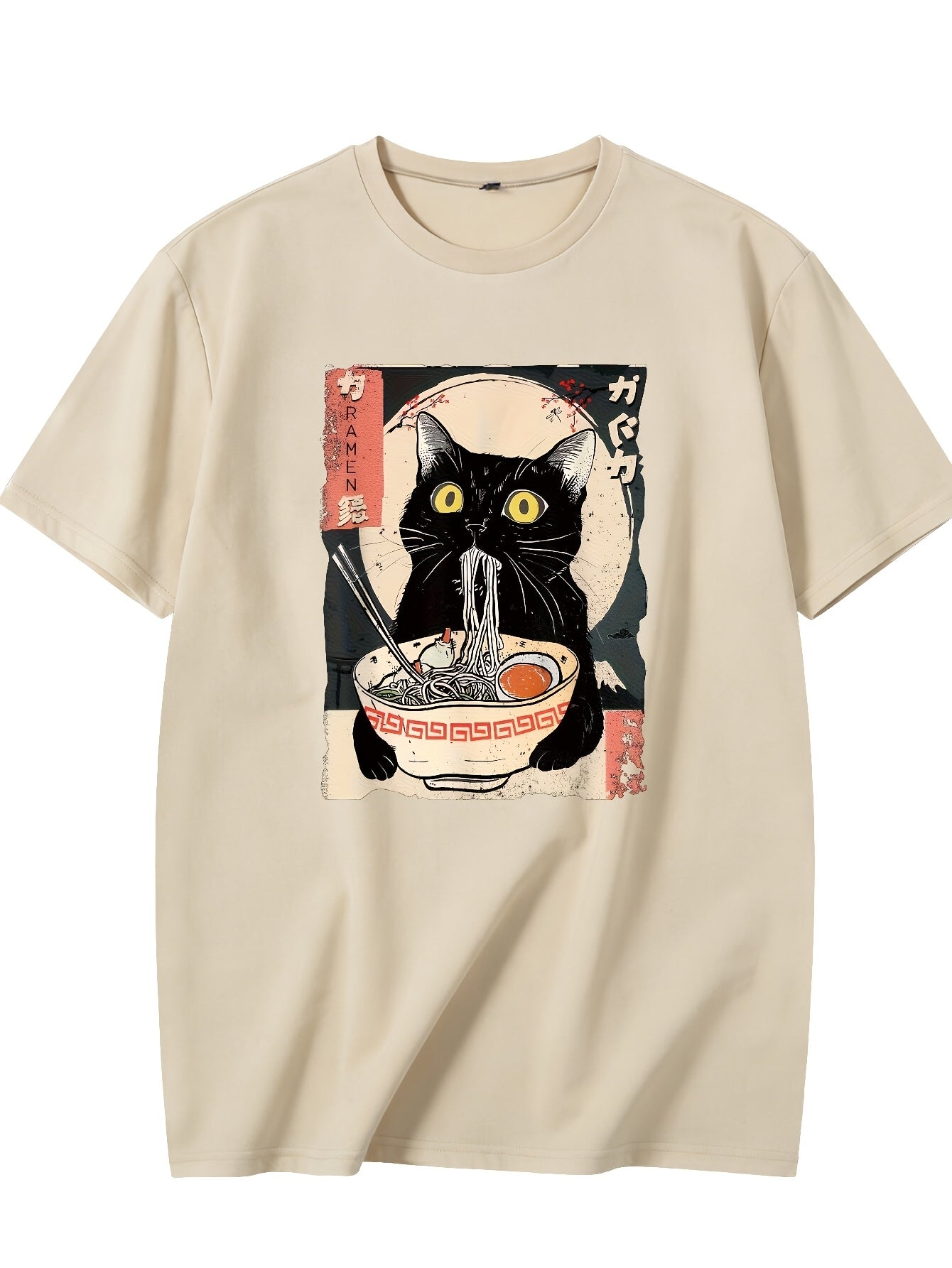 Men's Vintage Japanese Ramen Cat T-Shirt - Kitten Eating Noodles Print Round Neck Short Sleeve, Anime Cat & Ramen Lovers Casual Shirt, Machine Washable Comfortable Casual Attire