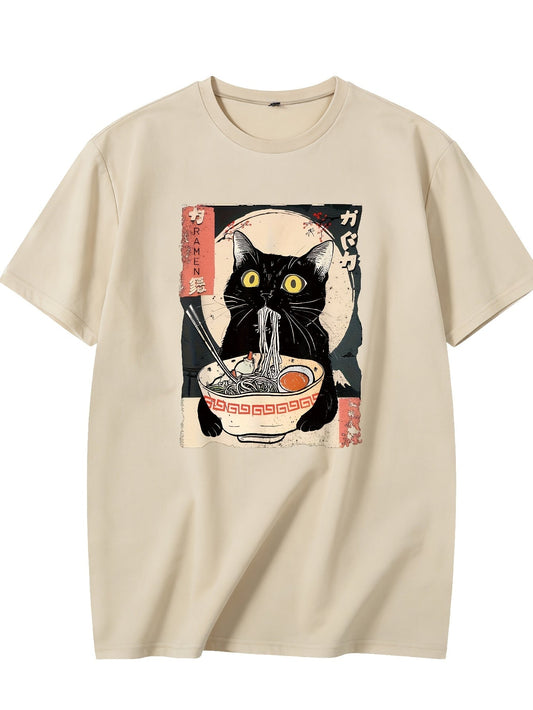 Men's Vintage Japanese Ramen Cat T-Shirt - Kitten Eating Noodles Print Round Neck Short Sleeve, Anime Cat & Ramen Lovers Casual Shirt, Machine Washable Comfortable Casual Attire