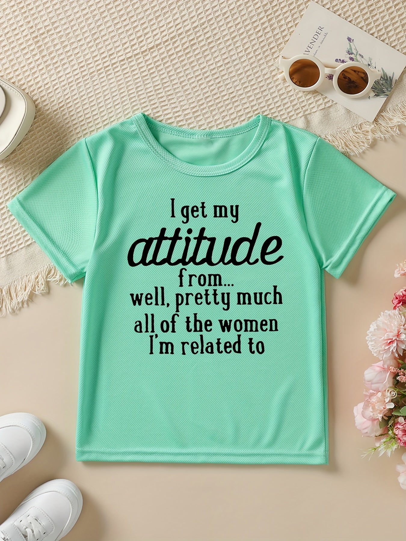 Summer Fashion Girls' Short Sleeve T-Shirt "I Get My Attitude From..." Letter Print Casual Versatile Top