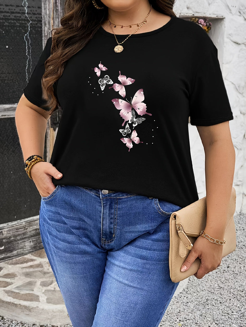 Plus Size, Pink Butterfly Print Plus Size Women's T-Shirt