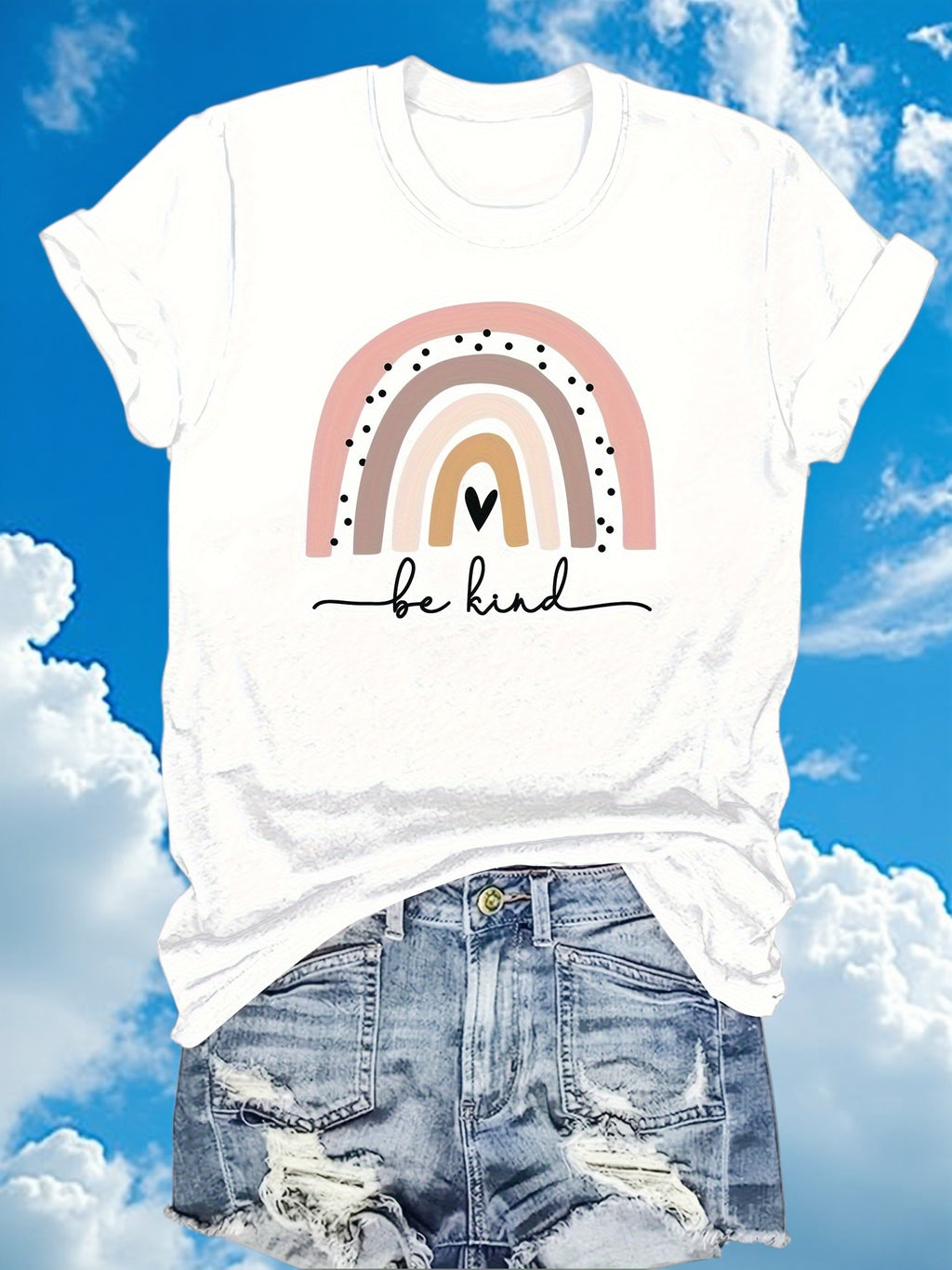 Fashionable Short-Sleeved Women'S Top with a Rainbow-Themed Print And a Round Neckline