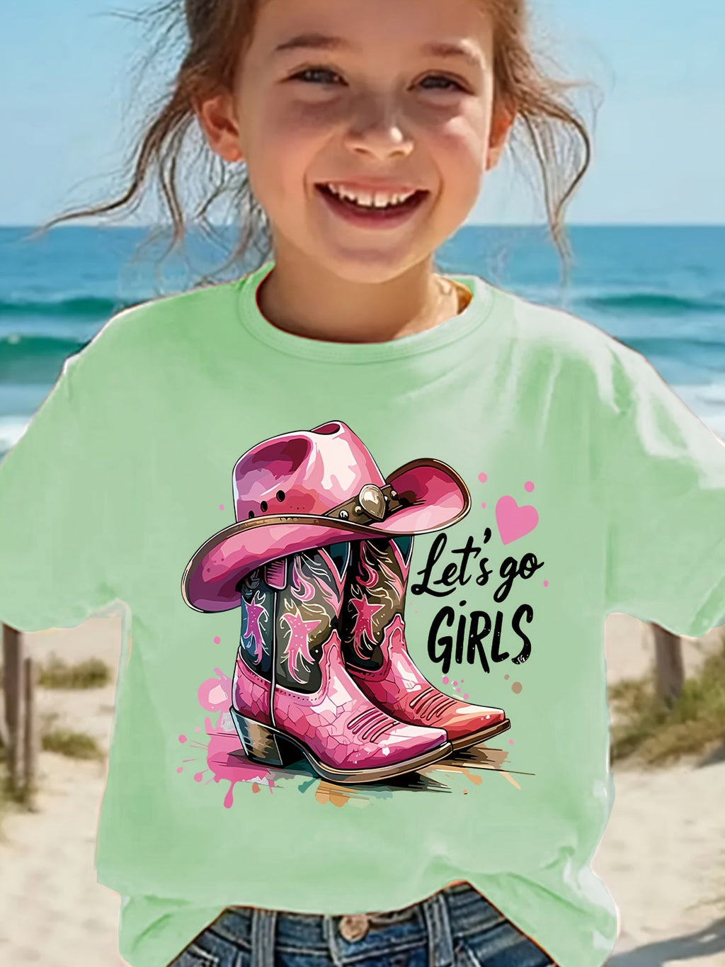 Fashion Vintage Girls Summer T-Shirt, Stylish Cowboy Boots Pattern Print T-Shirt, Let'S Go, Girls Letter Print T-Shirt, Trendy Toddler Girls T-Shirt, Casual And Light Comfortable Crew Neck Short Sleeve T-Shirt, Girls' Clothing