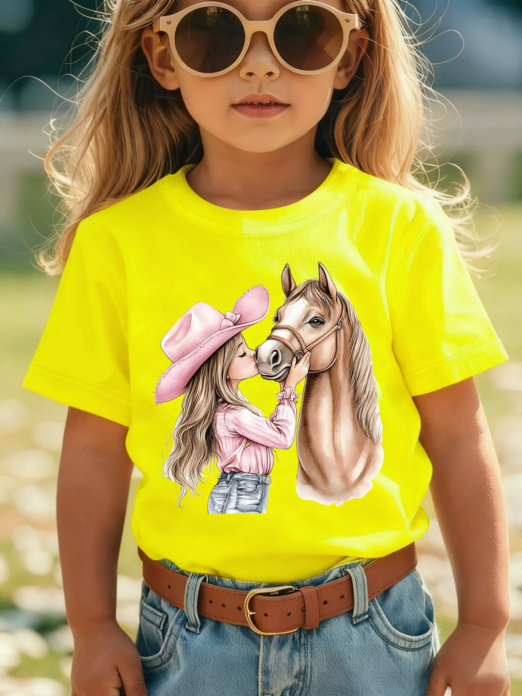 Girls' Summer Short Sleeve T-Shirt with Kissable Horse & Mara' Cartoon Patch - Pink Casual Round Neck Blouse for Equestrian Outfits NY-DX7632