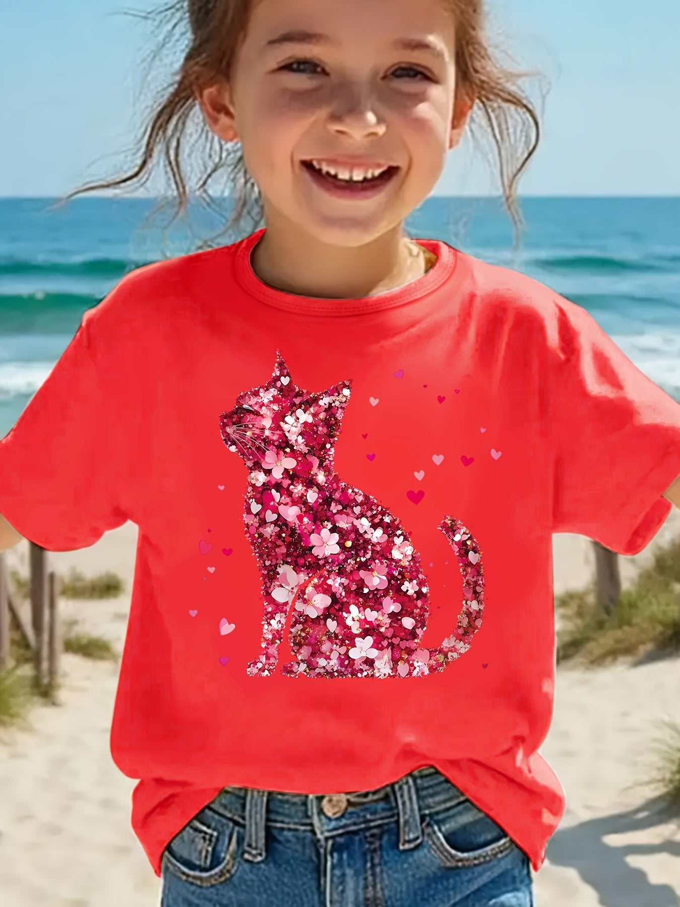 Cute girls' T-shirts, including a cat print T-shirt with faux sequin design, a romantic red floral print T-shirt, a round neck short-sleeved casual top, the perfect choice for summer outings.