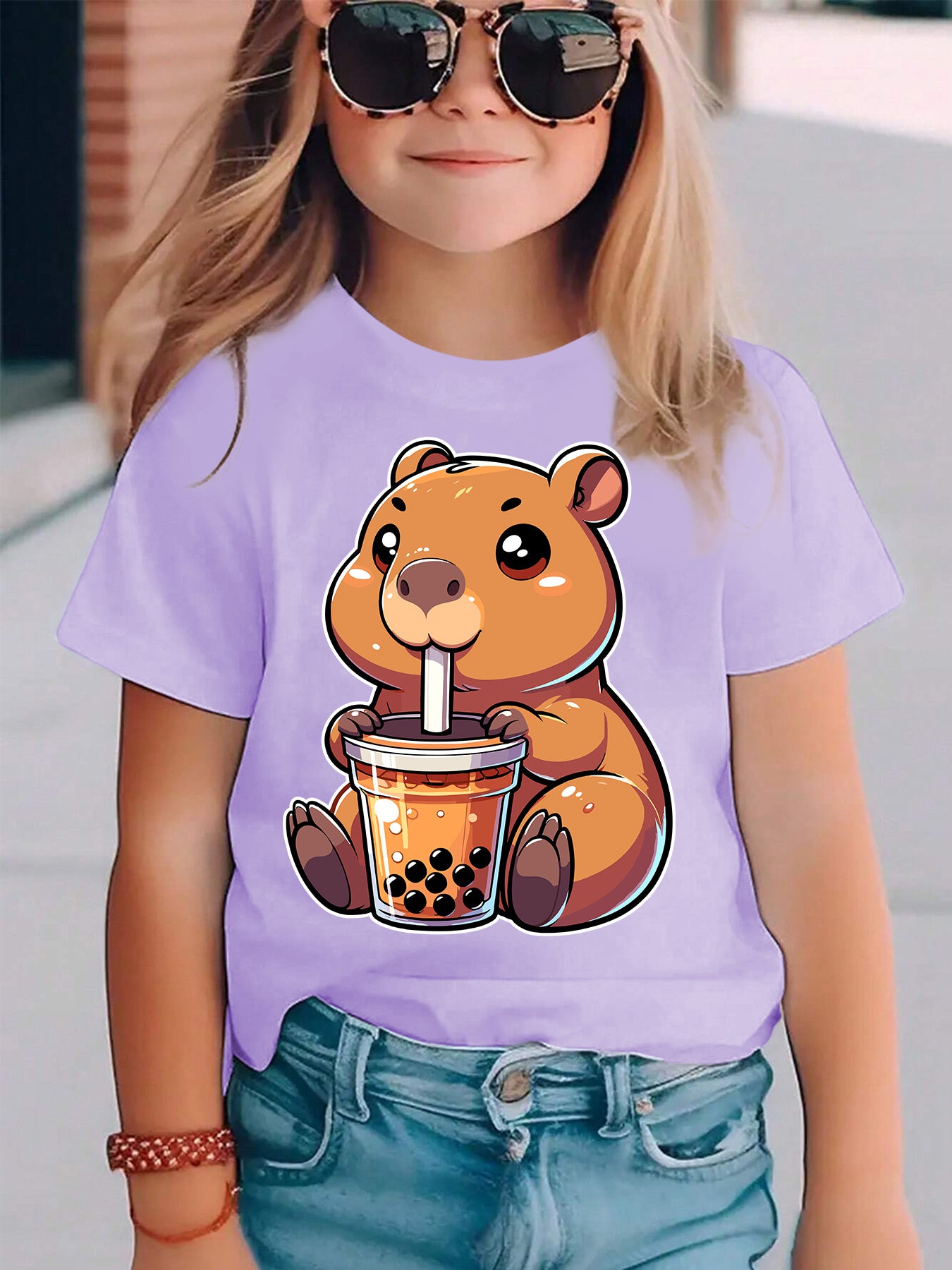Girls' Summer Short Sleeve T-Shirt with Cute Bear Drinking Boba Milk Tea & Letter Print Round Neck Blouse - Casual Summer Top for, Playdates, Casual Attire - Easy-Care for & Little Girls (DX5334)