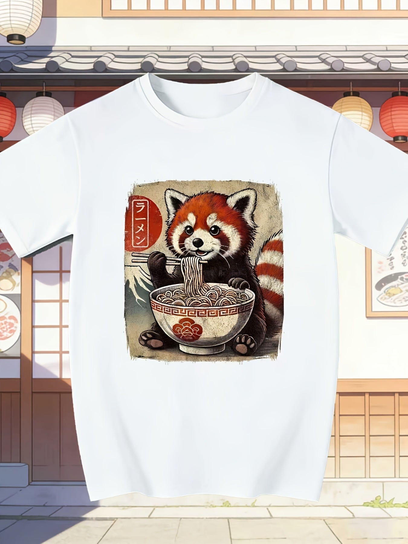 Men'S Funny Red Panda Eating Ramen Japanese Kawaii Anime Design T-Shirt - Black Casual Short Sleeve Crew Neck, Suitable for Outdoor Activities And Daily Wear