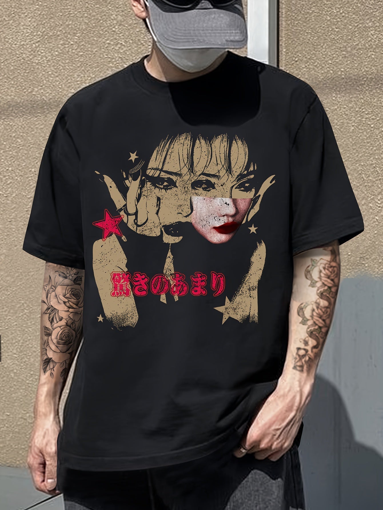 Patterned Portrait Fashion T-Shirt, Men's Casual Sports Loose Short Sleeve Black Shirt with Character Head Portrait