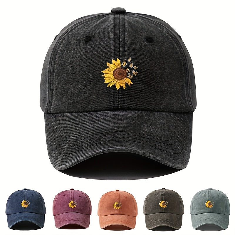 1pc Unisex Sunshade Washed Distressed Baseball Cap With Sunflower Butterfly Pattern For Outdoor Sport, Ideal choice for Gifts