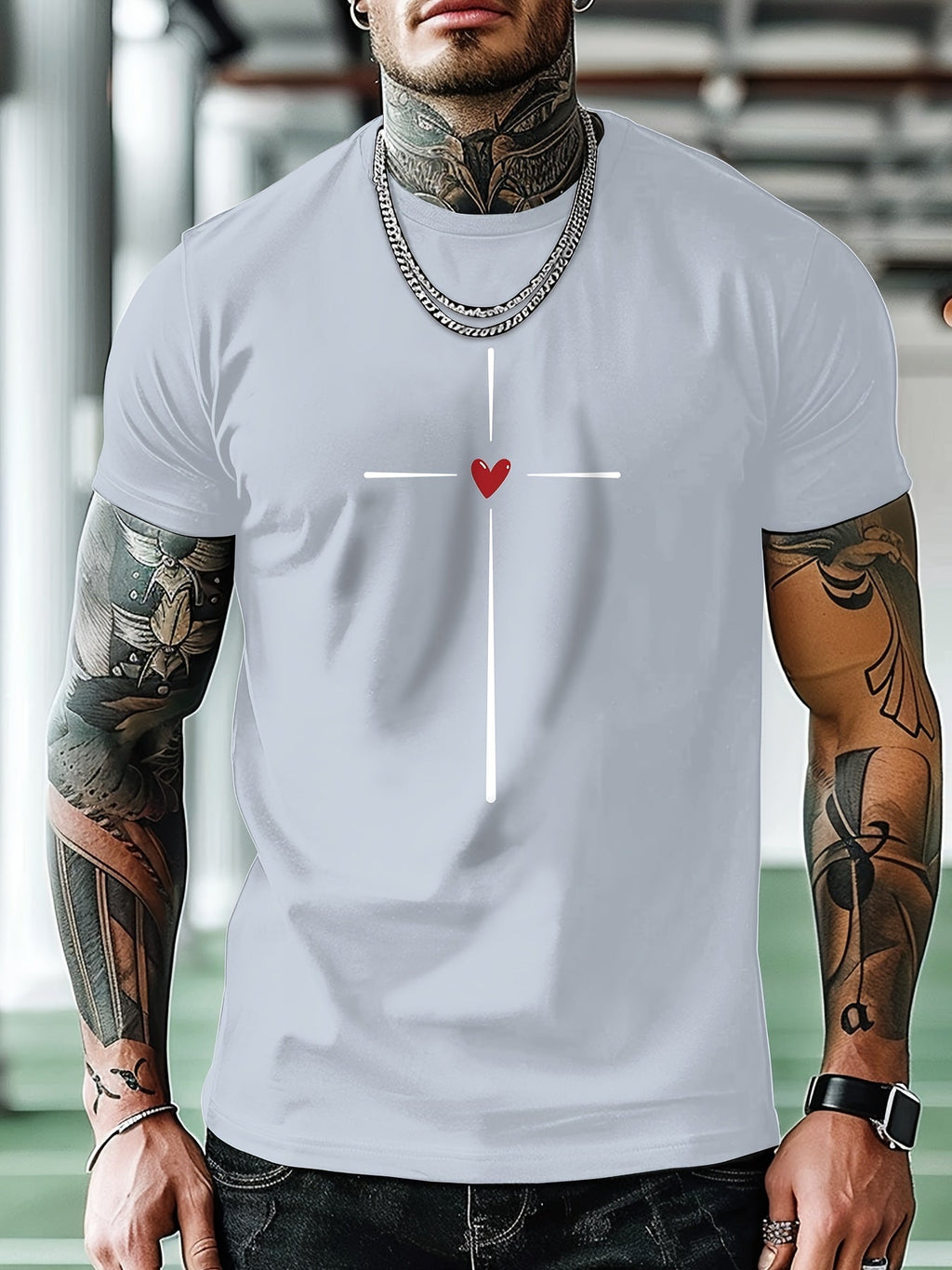 Men's Fashion Casual Cross Heart Line Print Regular Shoulder Short Sleeve T-Shirt, Comfortable and Versatile, All Seasons, Gift, Breathable, Sports