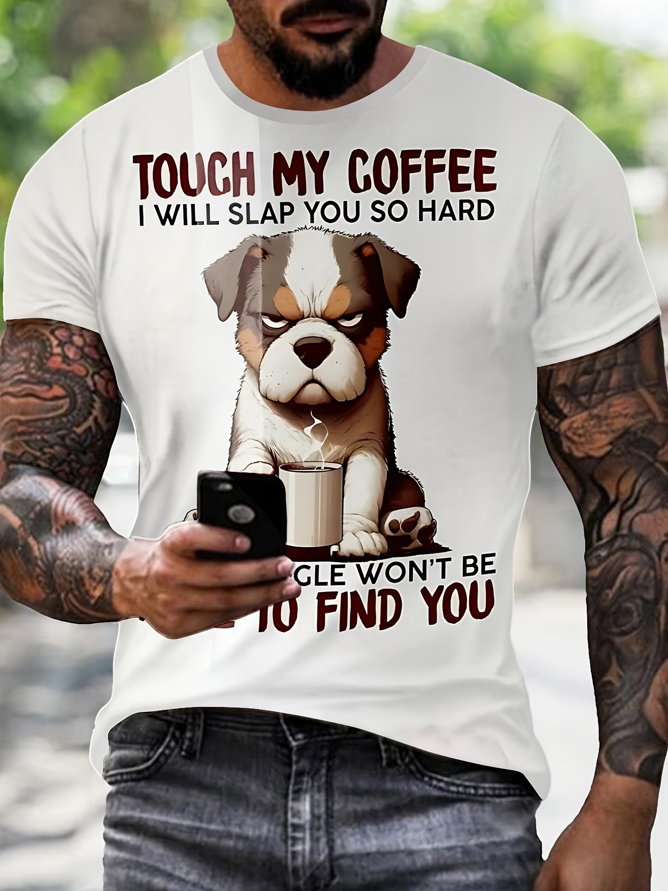 Men'S Fashion 3D Funny Dog Pattern Shirt, Comfortable Crew Neck Short Sleeve Casual Top, Polyester Knit Fabric, Slightly Elastic, Regular Fit, Summer Shirt, Heat Transfer - White, Plus Size