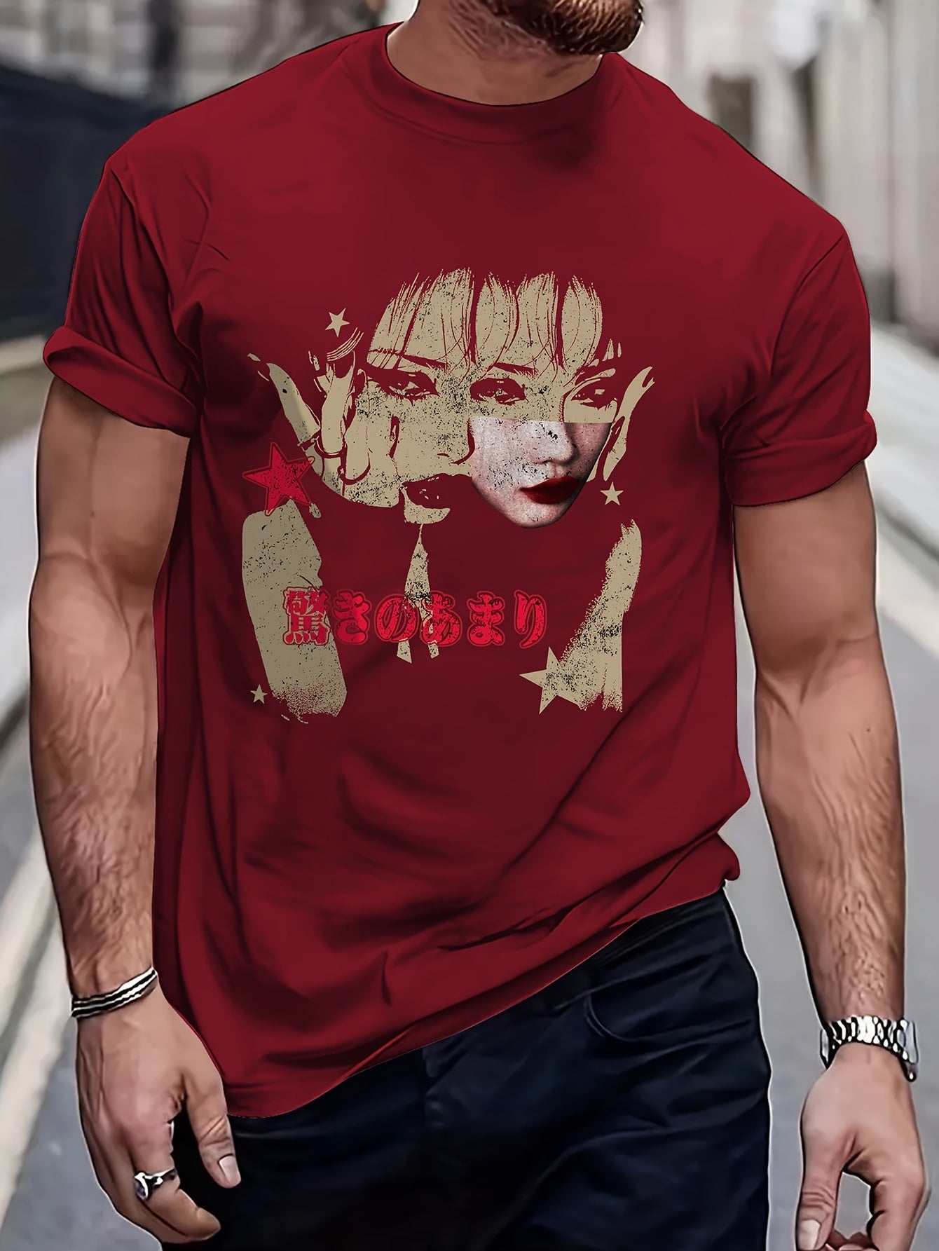 Patterned Portrait Fashion T-Shirt, Men's Casual Sports Loose Short Sleeve Black Shirt with Character Head Portrait