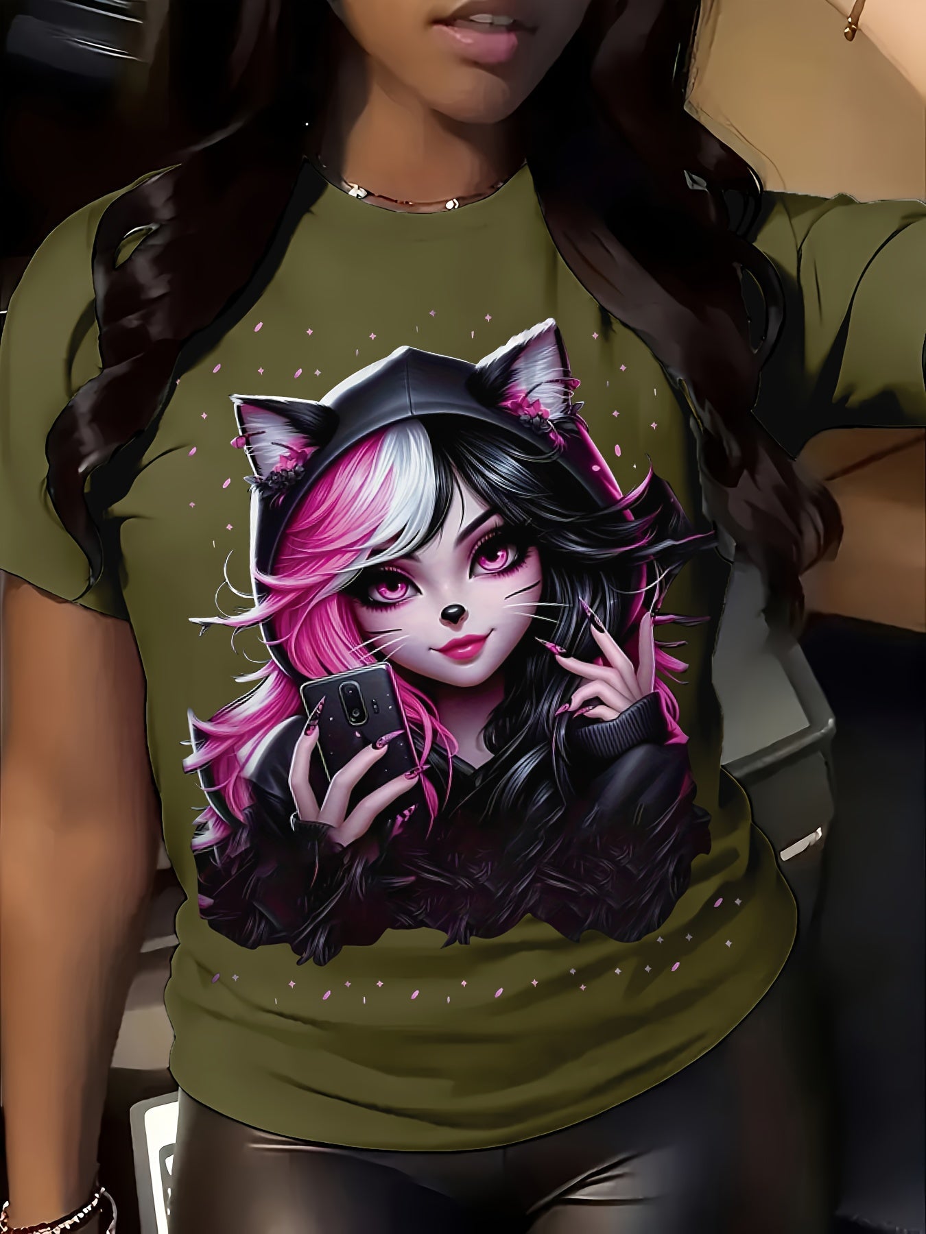 Women's Anime Cat Ear Graphic T-Shirt - Japanese Manga Print Short Sleeve Crew Neck Top, Soft Stretch Casual Summer & Spring Tee for Conventions, Themed Events & Casual Attire