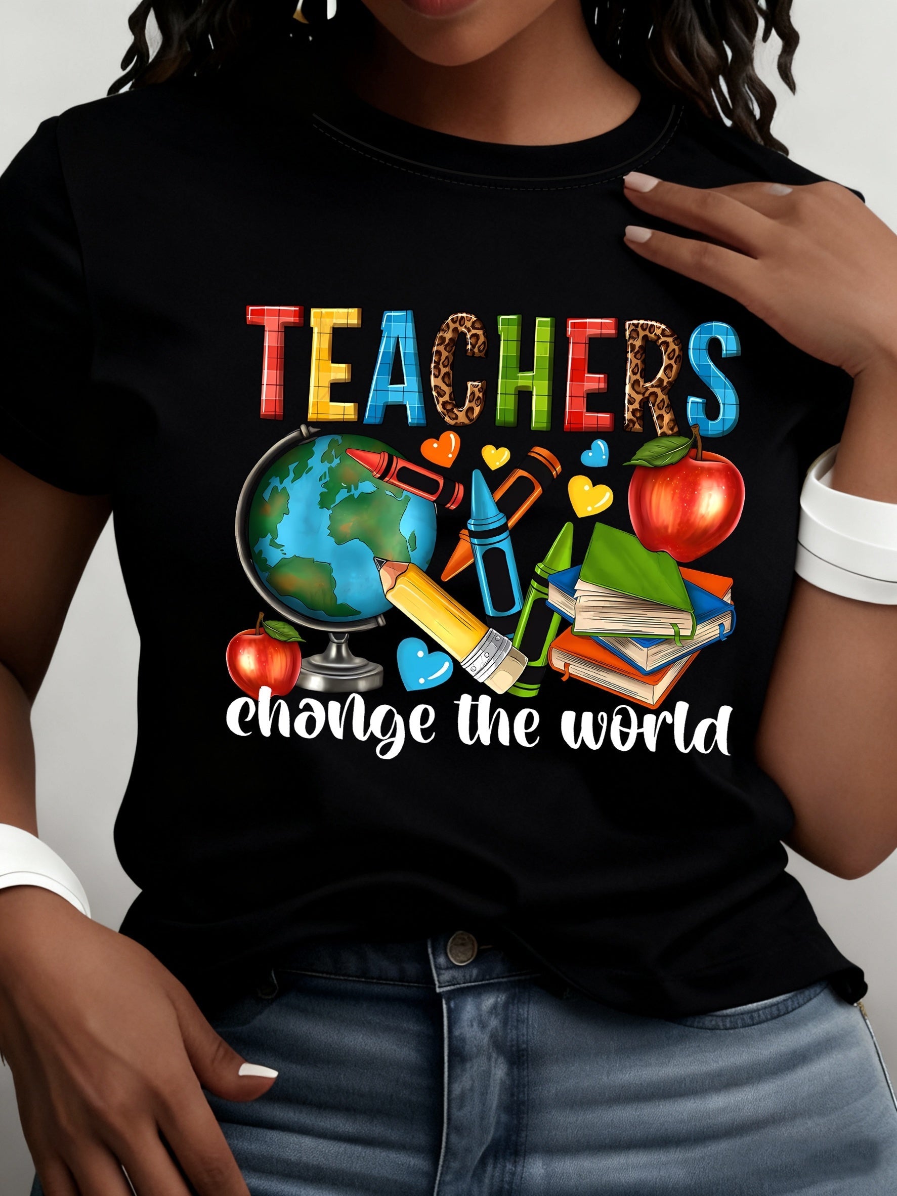 Teacher Print Crew Neck T-Shirt, Casual Short Sleeve T-Shirt for Spring & Summer, Women's Clothing