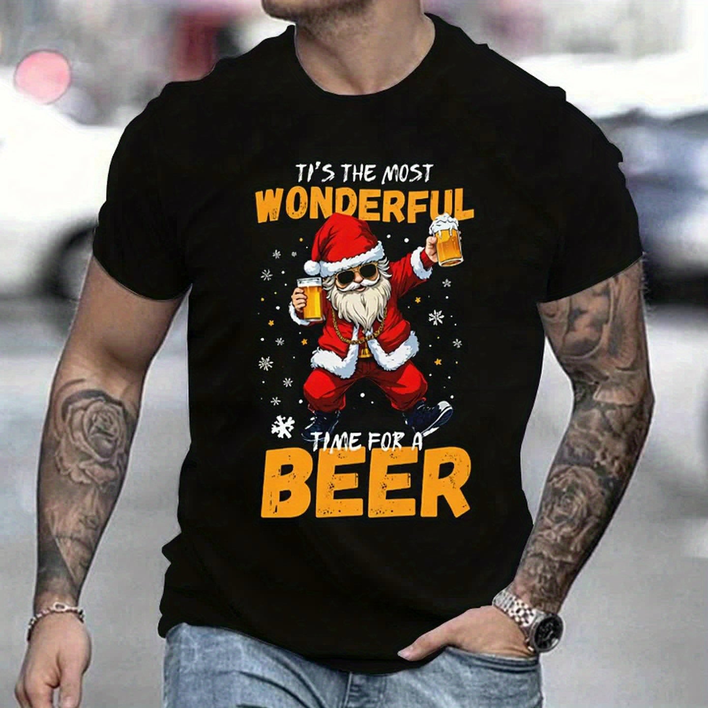 Casual Round Neck Short Sleeve Outdoor Top Featuring a 3D Print of a Cool Santa Enjoying Beer, Perfect for Christmas.