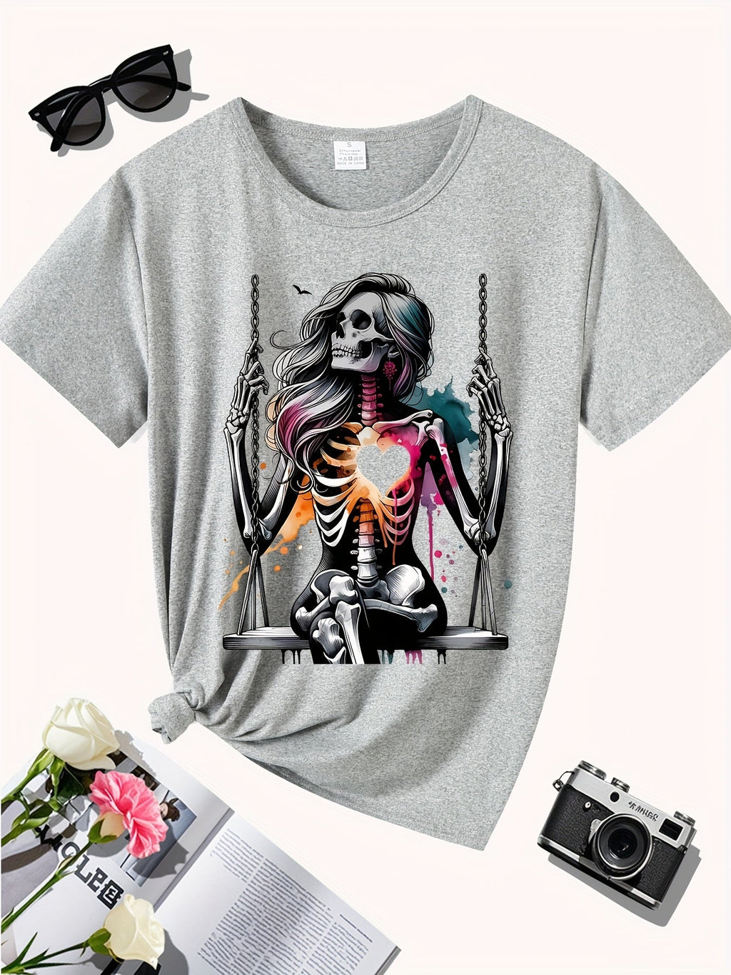 Women's Skeleton Heart Swing Graphic Print T-Shirt - Soft Stretch Round Neck Casual Tee, Machine Washable All-Season Comfort Fit, Sporty Style Shirt, Artistic Fashion Shirt, Nontransparent Fabric