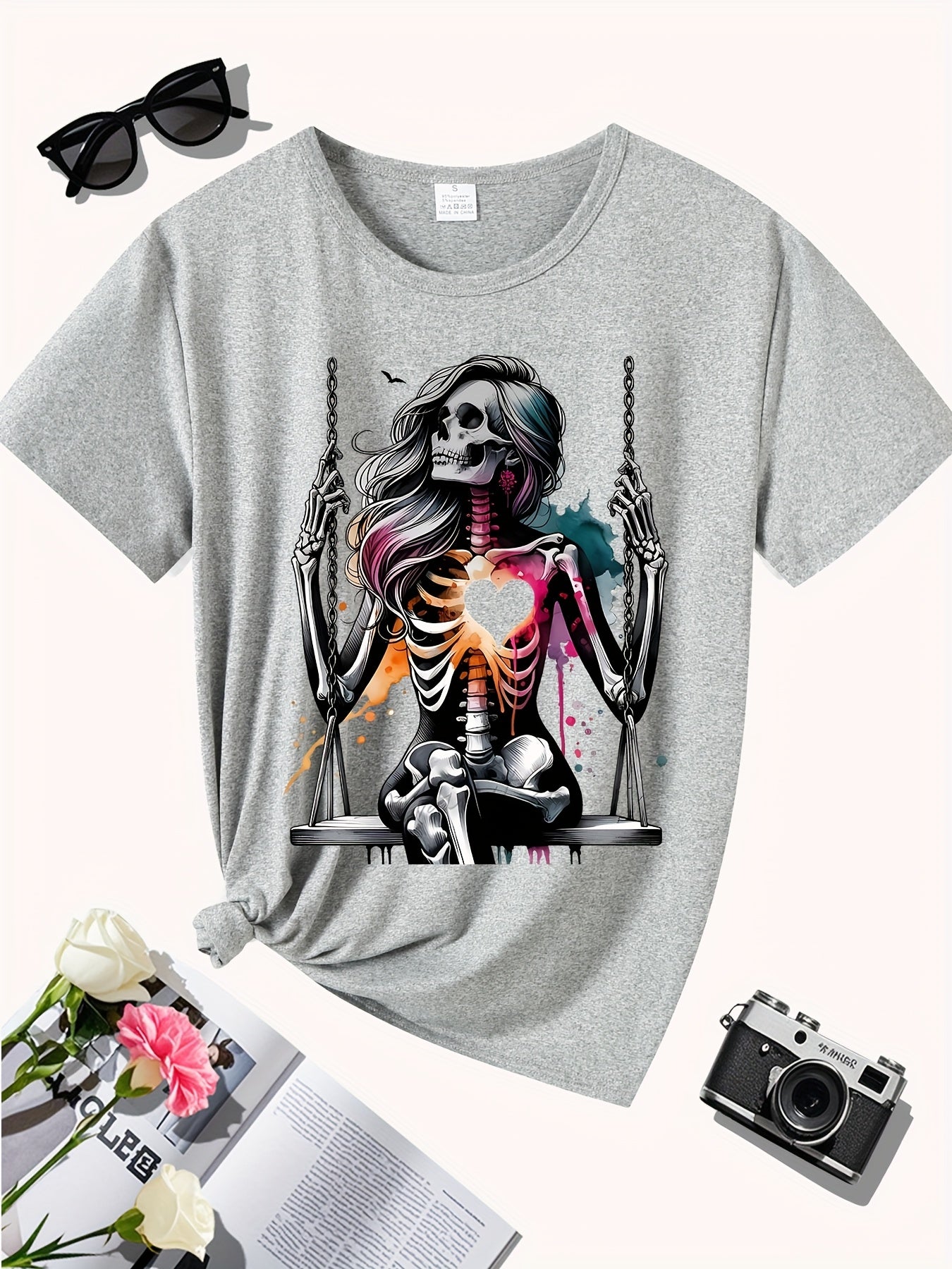 Women's Skeleton Heart Swing Graphic Print T-Shirt - Soft Stretch Round Neck Casual Tee, Machine Washable All-Season Comfort Fit, Sporty Style Shirt, Artistic Fashion Shirt, Nontransparent Fabric