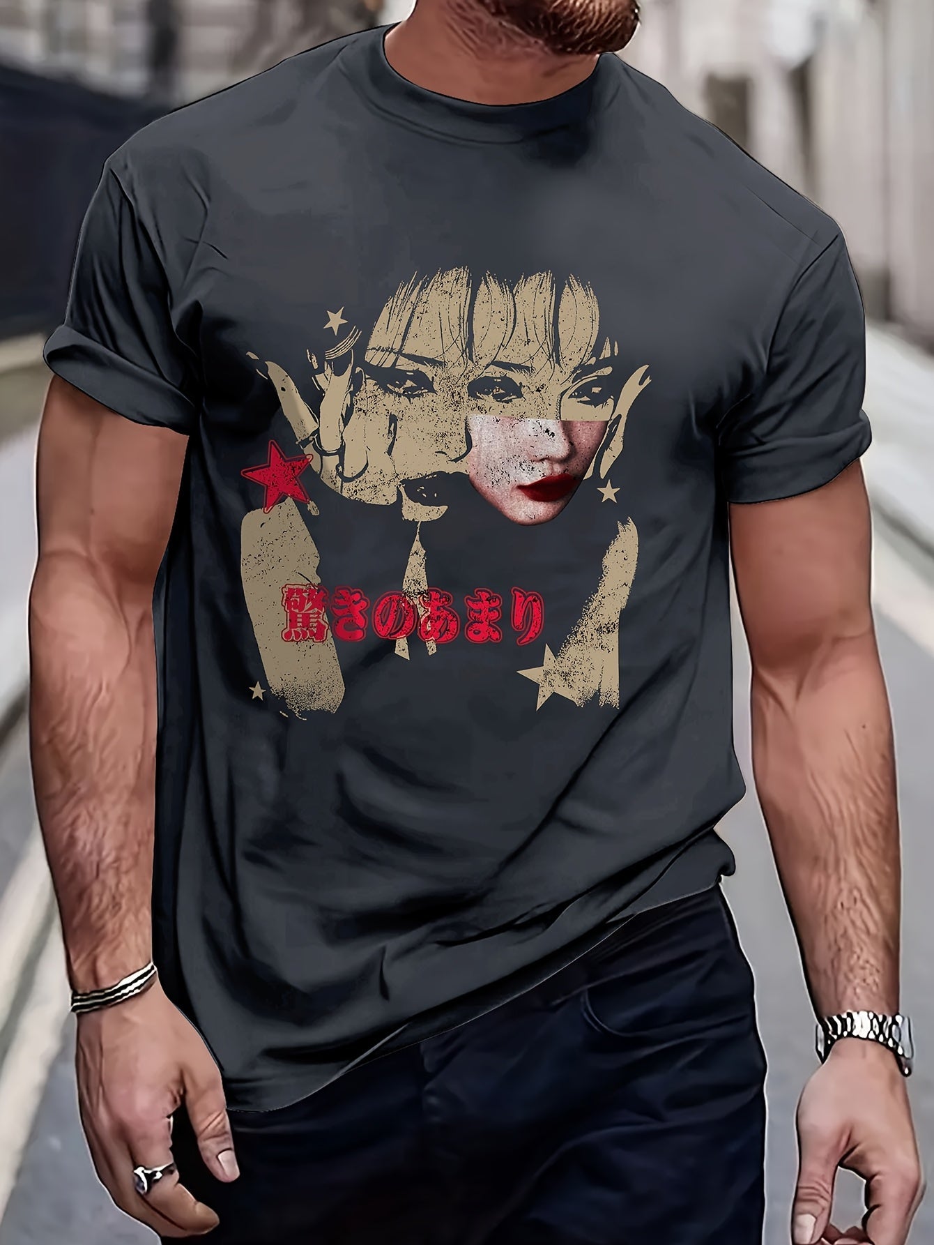 Patterned Portrait Fashion T-Shirt, Men's Casual Sports Loose Short Sleeve Black Shirt with Character Head Portrait