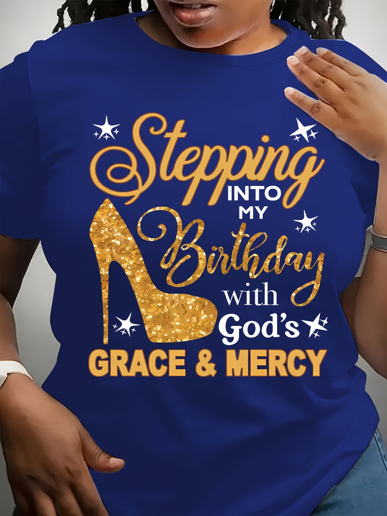 Plus Size, Plus-size Casual Fashion Printed T-shirt for Women, Trendy Lettering, High Heels, Base Layer, Daily Outing