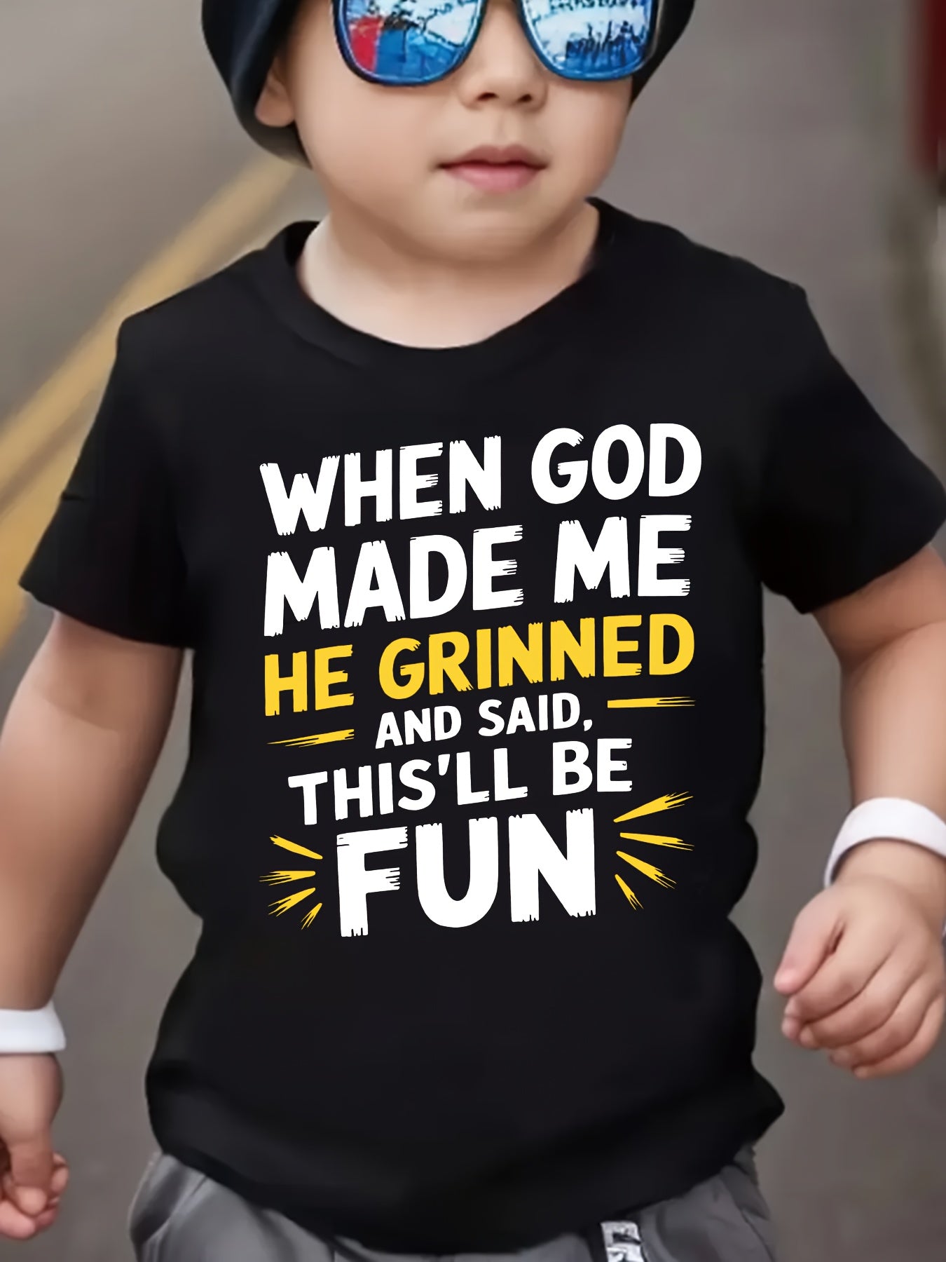 Summer Travel And Leisure Wear, Youth Trendy Short-Sleeved T-Shirt "When God Created Me, He Smiled And Said, 'This Will Be Fun'" Clothing Gift, Boys' Round Neck Short-Sleeved T-Shirt, Boys' Summer Clothing