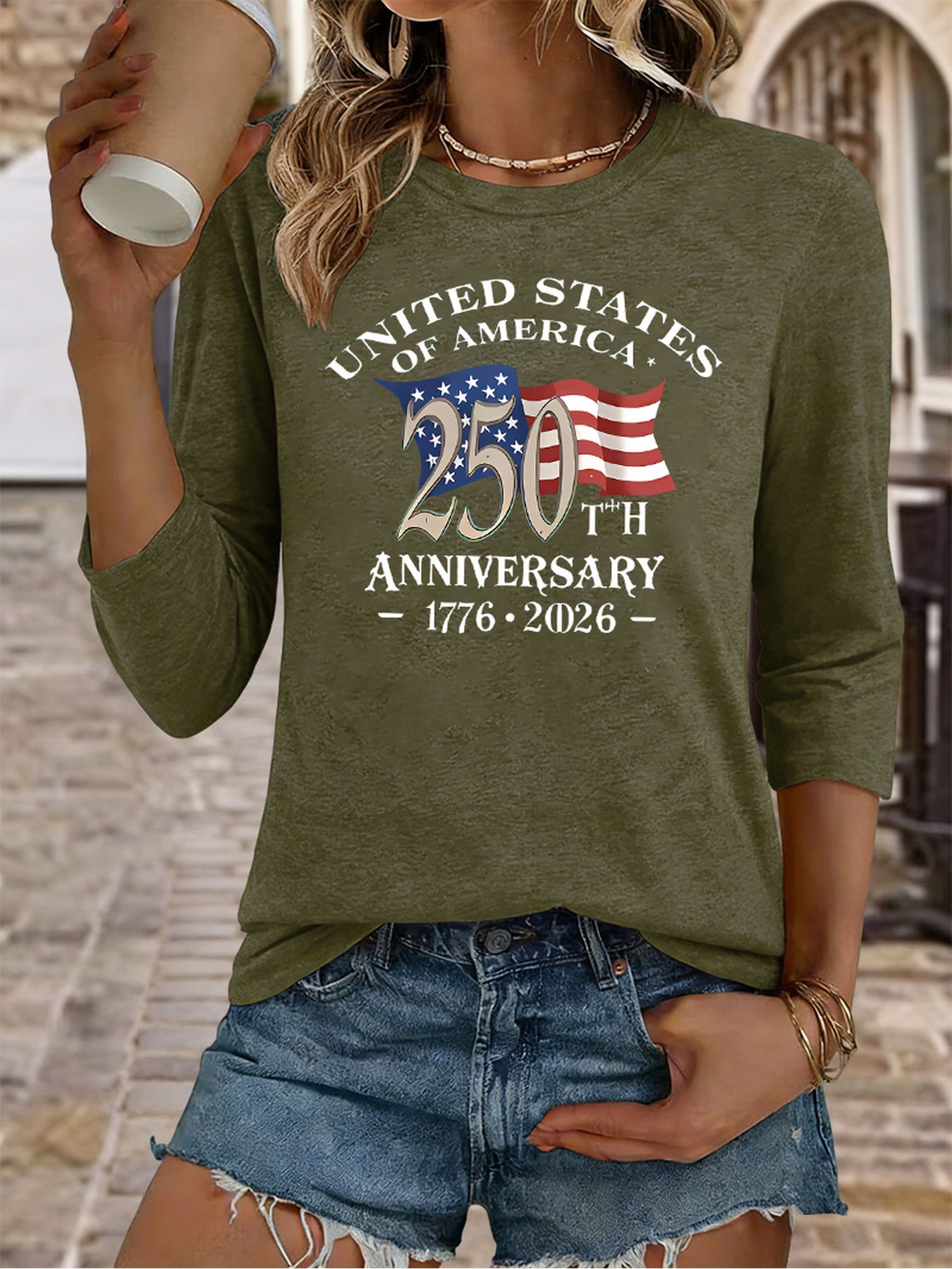 Women's USA 250th Anniversary T-Shirt 1776-2026 - Soft Breathable 3/4 Sleeve Crew Neck Top with Patriotic American Flag Print, Casual Relaxed Fit Suitable for 4th of July, July Celebrations & Year-Round Wear