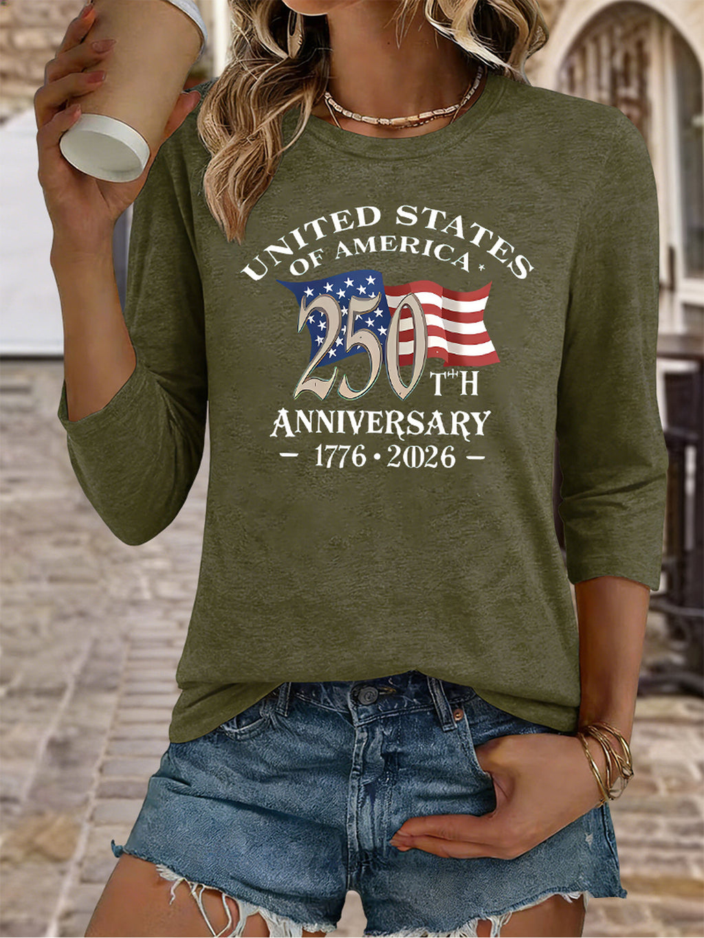 Women's USA 250th Anniversary T-Shirt 1776-2026 - Soft Breathable 3/4 Sleeve Crew Neck Top with Patriotic American Flag Print, Casual Relaxed Fit Suitable for 4th of July, July Celebrations & Year-Round Wear