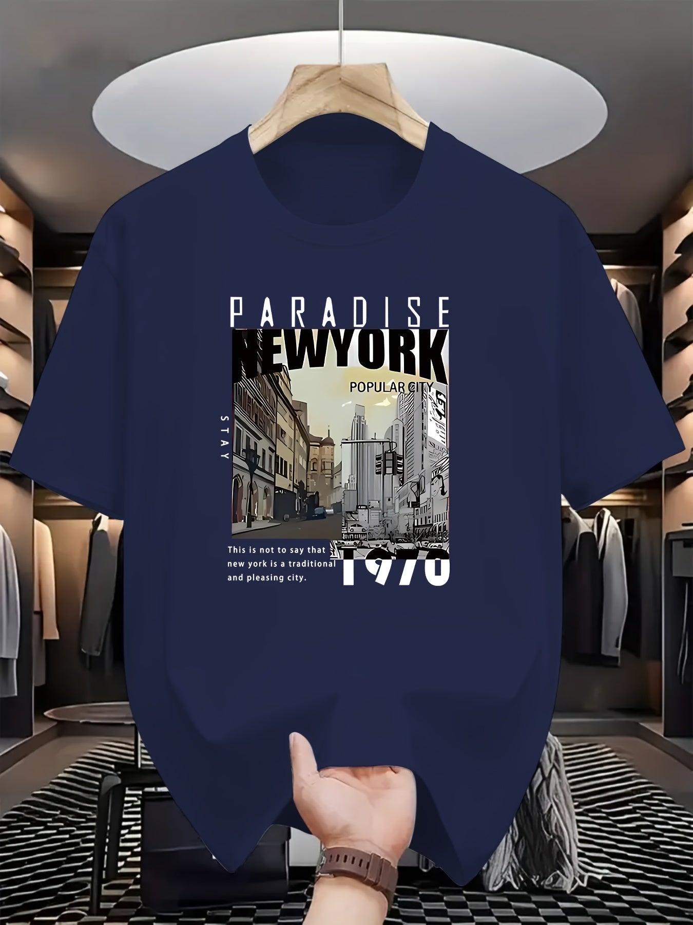 Men'S Fashion Casual PARADISE NEW YORK Print Regular Short Sleeve T-Shirt, Comfortable And Versatile