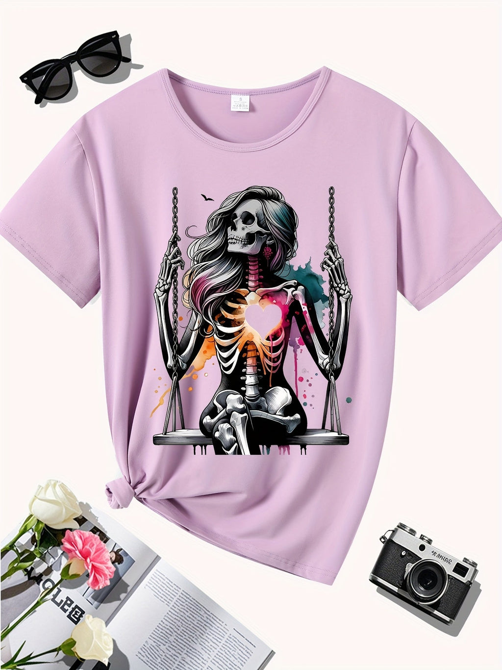 Women's Skeleton Heart Swing Graphic Print T-Shirt - Soft Stretch Round Neck Casual Tee, Machine Washable All-Season Comfort Fit, Sporty Style Shirt, Artistic Fashion Shirt, Nontransparent Fabric