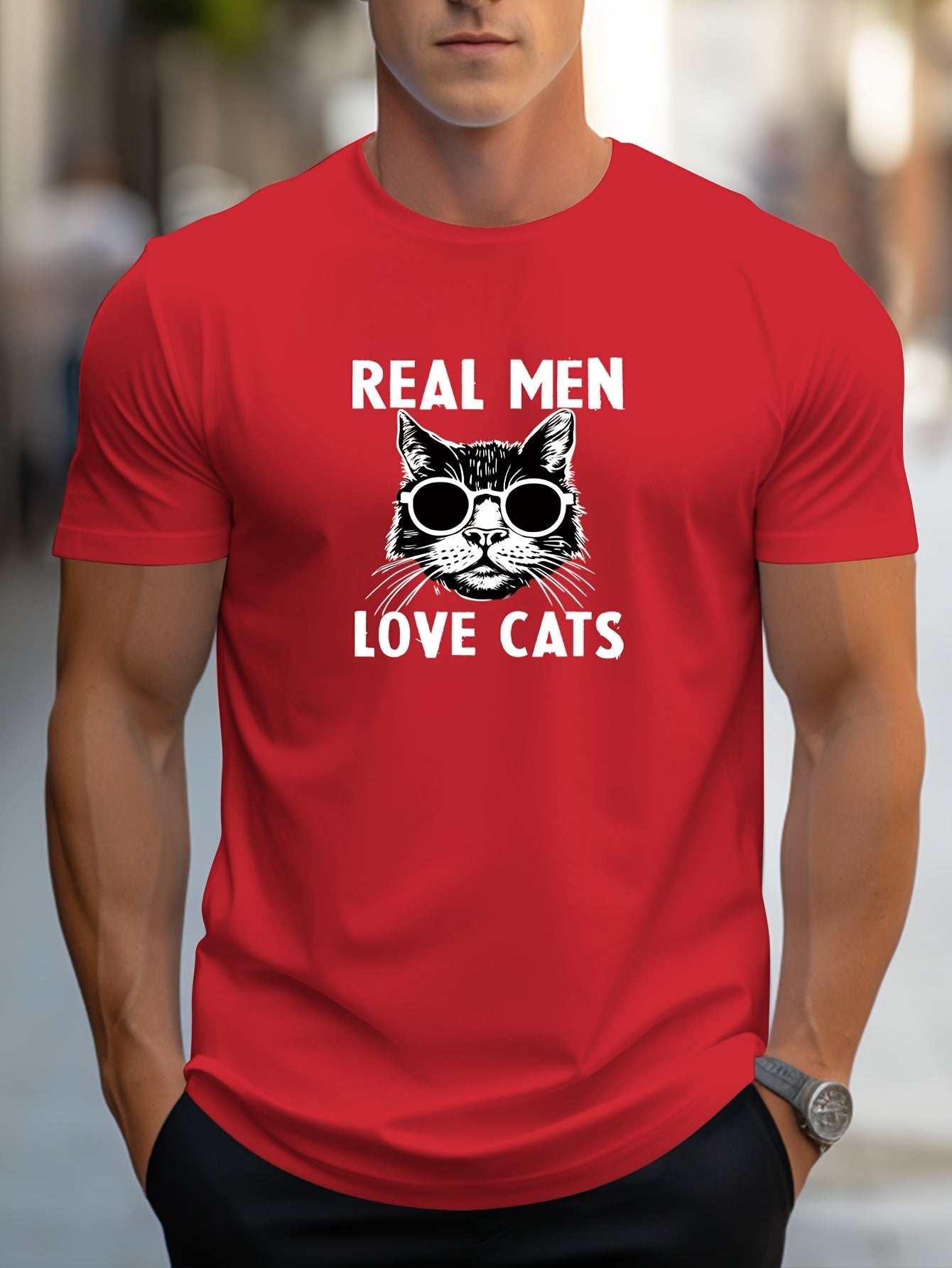 Men's Trendy Hand-Drawn Kitten Print Regular Shoulder T-Shirt