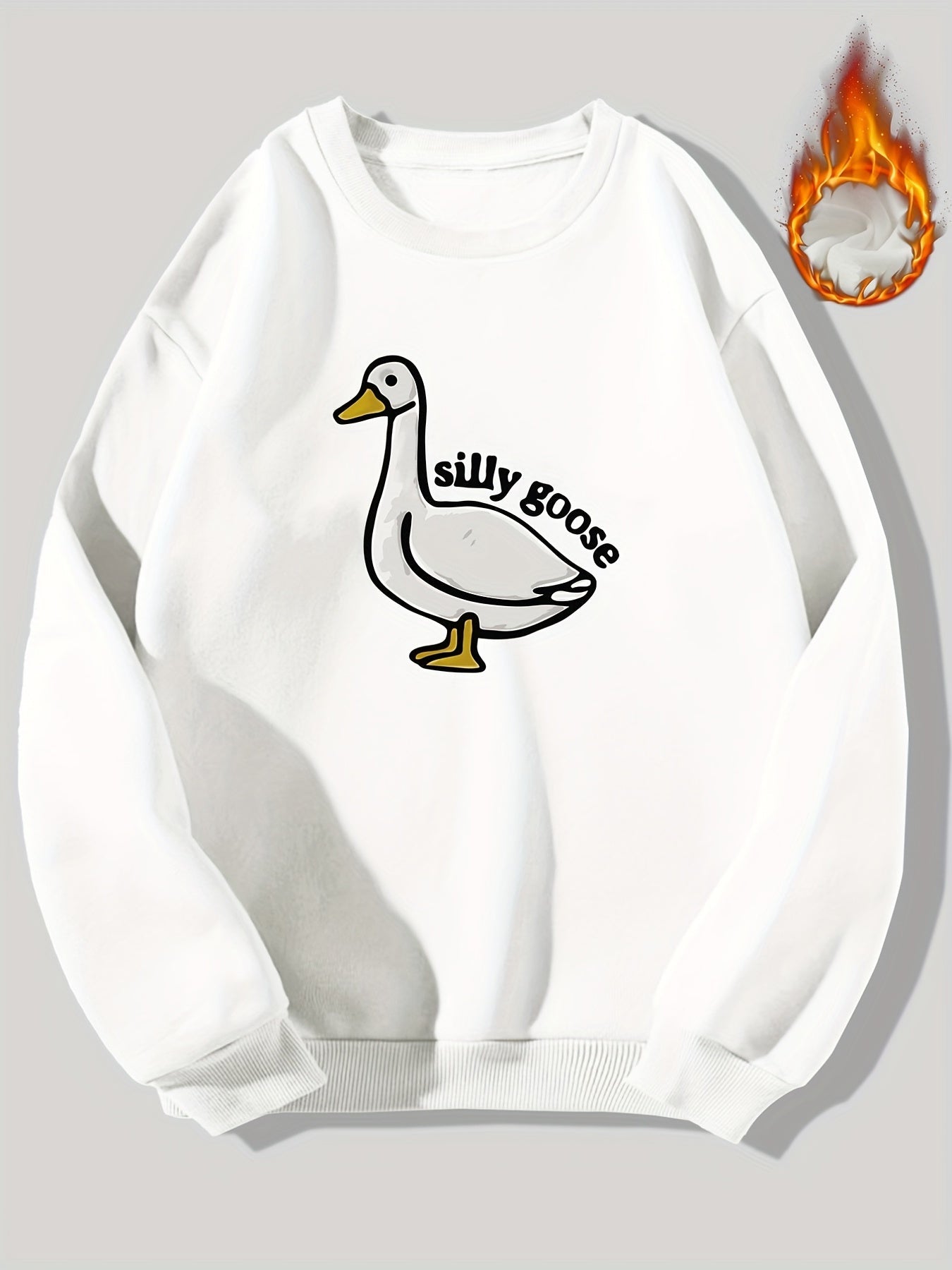 Silly Goose Print Crew Neck Fleece Sweatshirt Warm Pullover For Men Solid Color Sweatshirts For Winter Fall Long Sleeve Tops