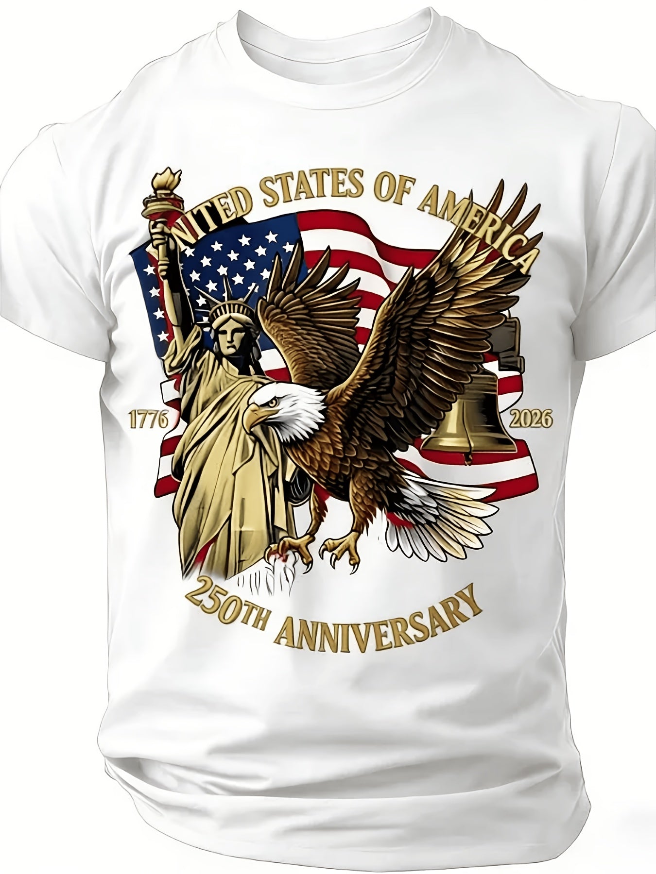 Large Round-Neck Short-Sleeved T-Shirt, Large Independence Day 250Th Anniversary T-Shirt, Featuring The National Flag, Eagle, And Statue of Liberty Prints, Loose-Fitting Top, Plus Size