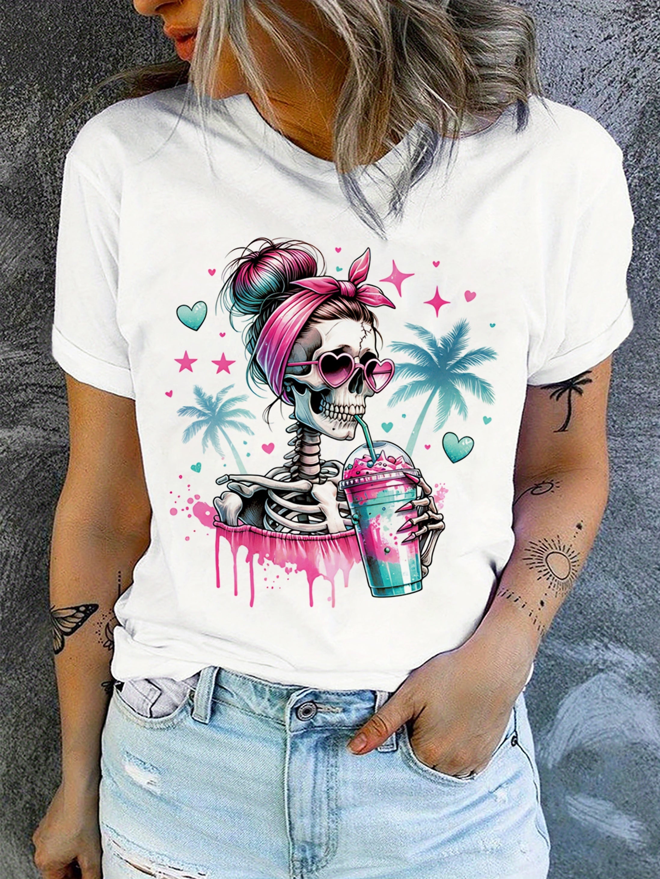 Halloween Coconut Tree Skull Head Breathable Printed Round Neck T-Shirt Casual Shirt New Women'S Holiday Costume Top