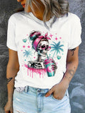 Halloween Coconut Tree Skull Head Breathable Printed Round Neck T-Shirt Casual Shirt New Women'S Holiday Costume Top