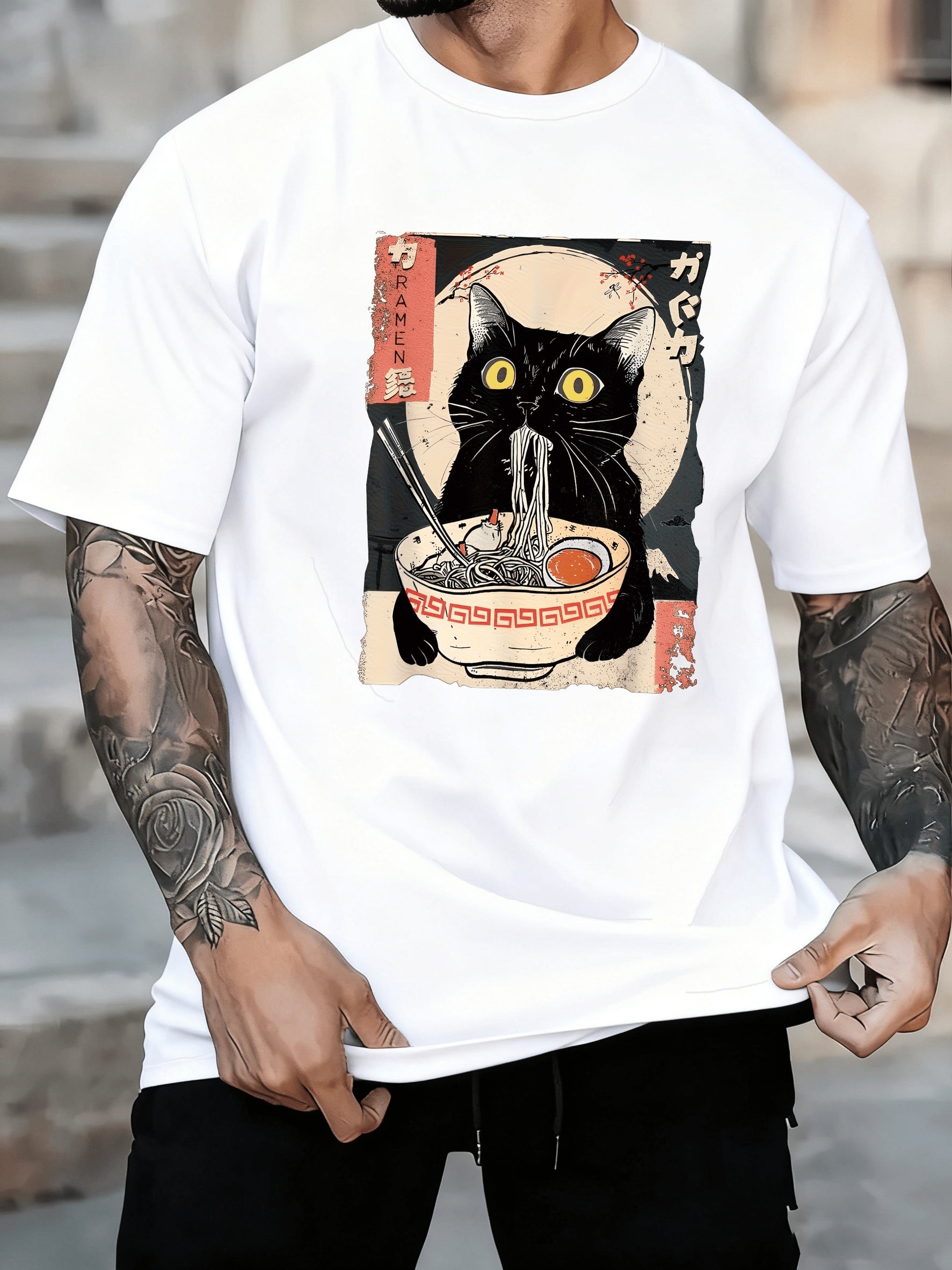 Men's Vintage Japanese Ramen Cat T-Shirt - Kitten Eating Noodles Print Round Neck Short Sleeve, Anime Cat & Ramen Lovers Casual Shirt, Machine Washable Comfortable Casual Attire