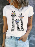 Women'S Casual Giraffe Print T-Shirt with Glasses, Short Sleeve Crew Neck Polyester Knit Top, Slight Stretch, Regular Fit, All Seasons - 95% Polyester, 5% Elastane, 180g/m²