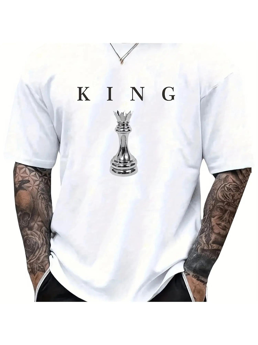 Men'S 180G Heavy T-Shirt by THE KING - Black with Chess King Design, Casual Short Sleeve Round Neck Shirt