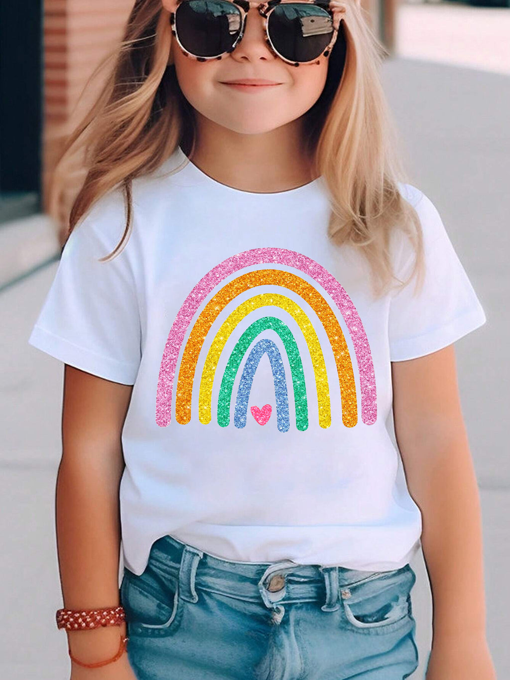 Summer Fashion Girls' Short Sleeve T-Shirt with Rainbow Heart Print, Casual Versatile Top NY-DX5490