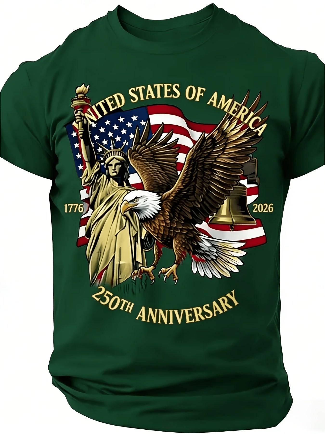 Large Round-Neck Short-Sleeved T-Shirt, Large Independence Day 250Th Anniversary T-Shirt, Featuring The National Flag, Eagle, And Statue of Liberty Prints, Loose-Fitting Top, Plus Size