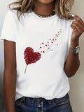 Plus-size Women's Heart Print Casual T-shirt, Short-sleeve Crewneck Top, Dandelion with Love Heart Design, Simple and Sophisticated, Casual and Elegant, Suitable for Daily Wear