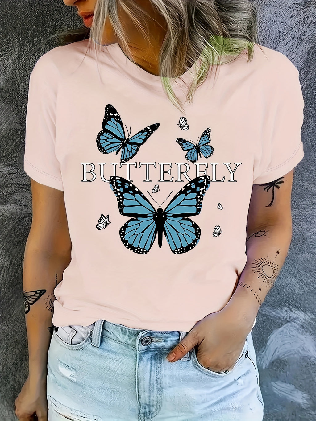 Butterfly Print T-shirt, Casual Crew Neck Short Sleeve Daily Top, Women's Clothing