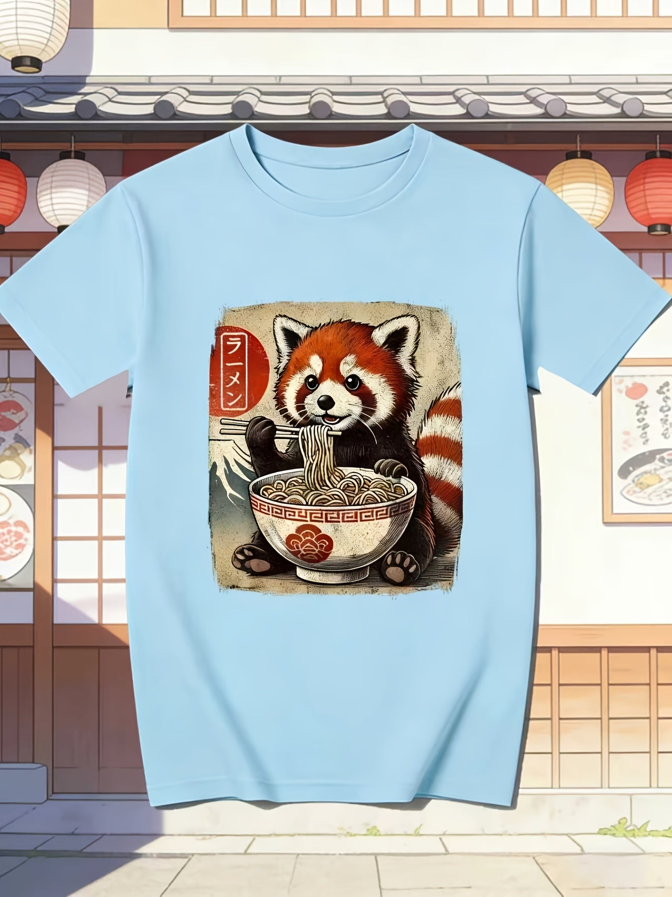 Men'S Funny Red Panda Eating Ramen Japanese Kawaii Anime Design T-Shirt - Black Casual Short Sleeve Crew Neck, Suitable for Outdoor Activities And Daily Wear