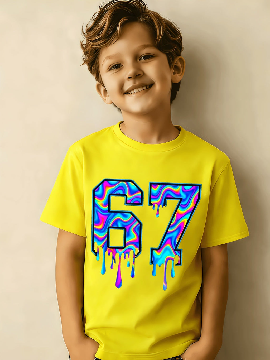 Soft And Breathable Vortex Six Seven Drops 6 7 Boys And Girls Pattern T-Shirt - Crew Neck Shirt, Suitable for Early Elementary School - Birthday Party Clothes Or Everyday Play Clothes - Easy-Care Parent-Favorite Clothes, Casual Wear